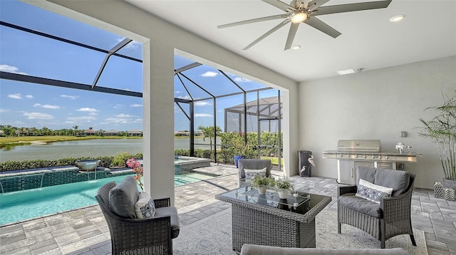 7889 Mainsail Ln, Sarasota, FL 34240 - view of patio featuring a water view, a ceiling fan, an outdoor living space, and glass enclosure
