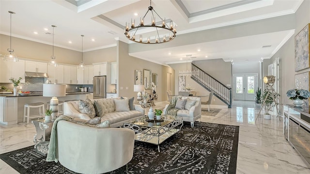 7889 Mainsail Ln, Sarasota, FL 34240 - living area with light marble finish floors, a chandelier, ornamental molding, recessed lighting, and french doors