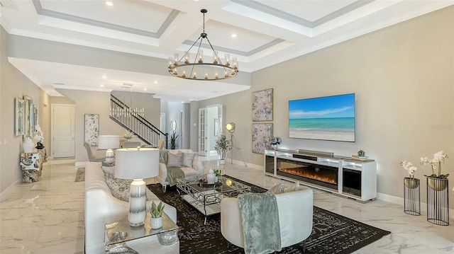 7889 Mainsail Ln, Sarasota, FL 34240 - living room featuring marble tiled flooring, stairway, ornamental molding, baseboards, and recessed lighting