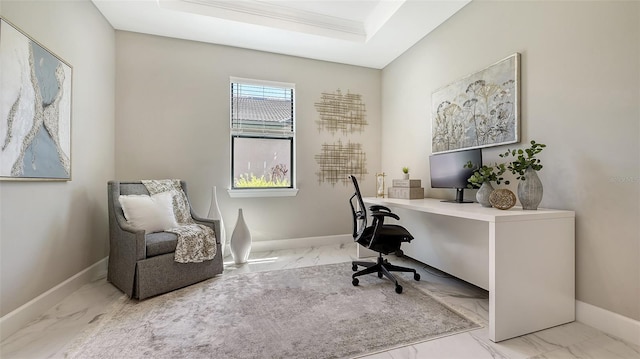 7889 Mainsail Ln, Sarasota, FL 34240 - office space featuring marble look tile flooring, baseboards, and a tray ceiling