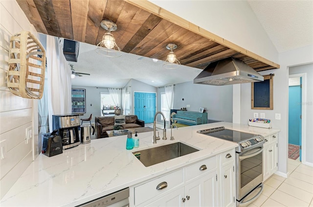 kitchen with exhaust hood, stainless steel electric range oven, a sink, a peninsula, and white cabinetry