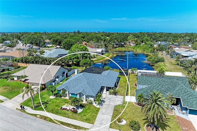 aerial view featuring a residential view and a water view