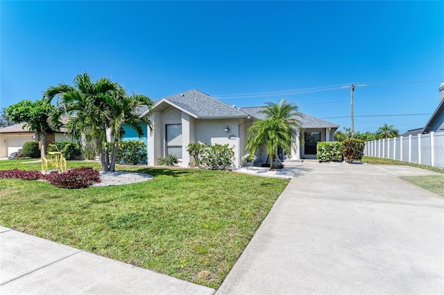 single story home featuring concrete driveway, fence, a front yard, and stucco siding