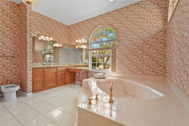 4180 Via Mirada, Sarasota, FL 34238 - full bathroom featuring wallpapered walls, tile patterned flooring, vanity, a tub with jets, and a bidet