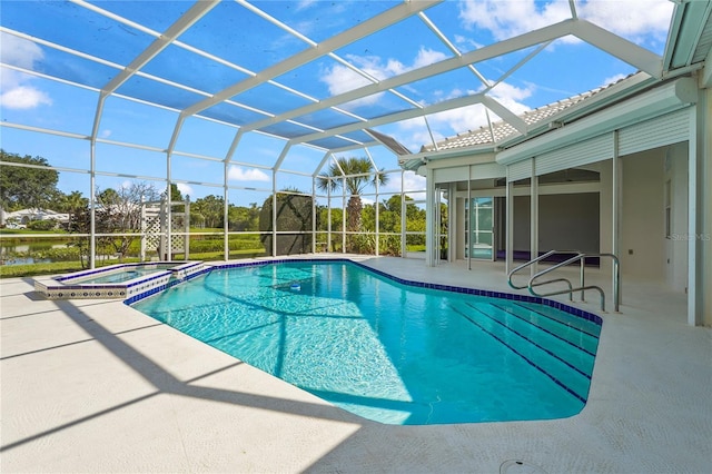 4180 Via Mirada, Sarasota, FL 34238 - view of pool featuring a patio, glass enclosure, and a pool with connected hot tub