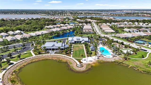 8229 Grande Shores Dr, Sarasota, FL 34240 - aerial perspective of suburban area featuring a large body of water and a pool