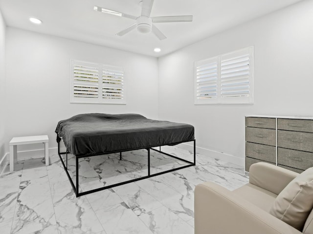 bedroom with recessed lighting, baseboards, ceiling fan, and marble finish floor