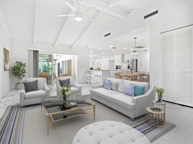 172 Sea Anchor Dr, Osprey, FL 34229 - living room with a ceiling fan, light marble finish floors, recessed lighting, and baseboards