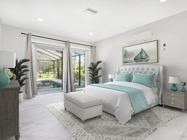 172 Sea Anchor Dr, Osprey, FL 34229 - bedroom with an AC wall unit, light marble finish flooring, recessed lighting, and access to outside
