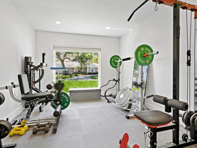 172 Sea Anchor Dr, Osprey, FL 34229 - workout area with baseboards, carpet flooring, and recessed lighting