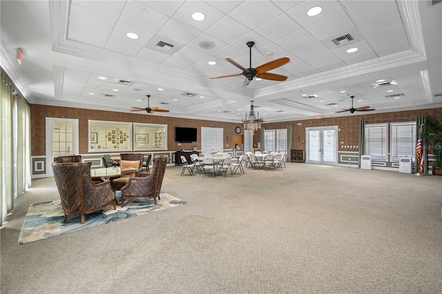 2353 Rosewood Ln, North Port, FL 34289 - dining area with ceiling fan, carpet floors, ornamental molding, coffered ceiling, and recessed lighting