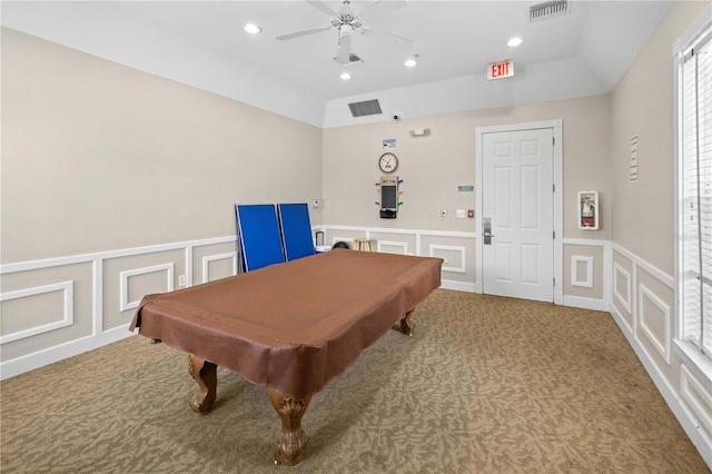 2353 Rosewood Ln, North Port, FL 34289 - recreation room with a decorative wall, carpet flooring, a ceiling fan, pool table, and wainscoting