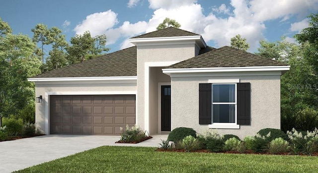 view of front facade with driveway, a garage, stucco siding, and a shingled roof