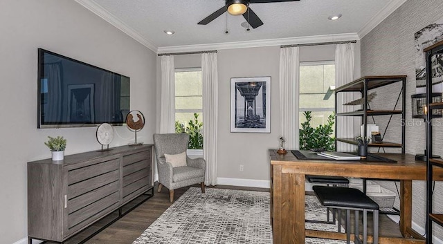 office featuring recessed lighting, ceiling fan, baseboards, ornamental molding, and dark wood finished floors