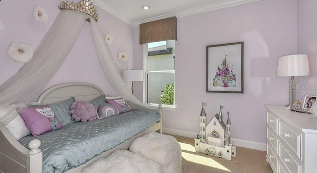 carpeted bedroom with crown molding, recessed lighting, and baseboards