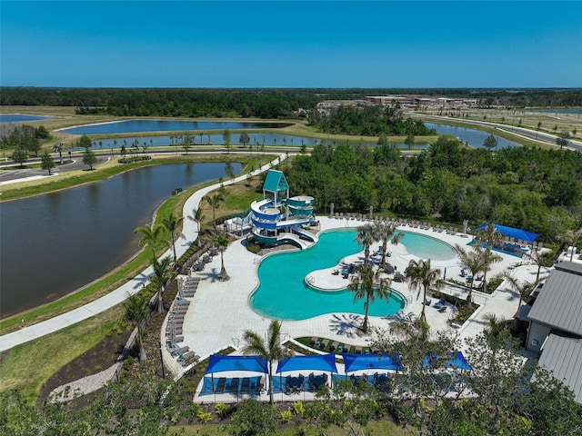 aerial view featuring a water view