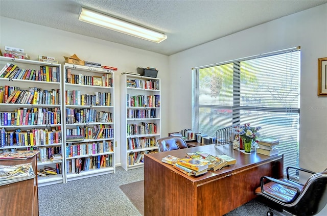 7876 Eagle Creek Dr, Sarasota, FL 34243 - carpeted home office with a textured ceiling and wall of books