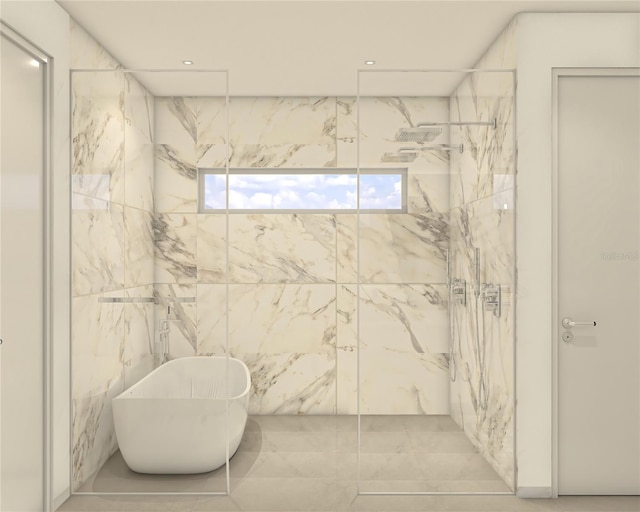 bathroom featuring a marble finish shower and a soaking tub
