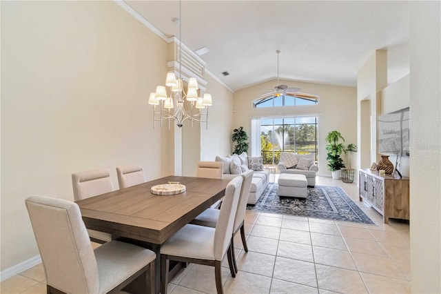 6519 43rd Ct E, Sarasota, FL 34243 - dining space with light tile patterned floors, a ceiling fan, visible vents, baseboards, and vaulted ceiling