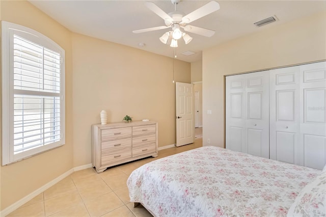 6519 43rd Ct E, Sarasota, FL 34243 - bedroom featuring a closet, visible vents, ceiling fan, light tile patterned floors, and baseboards