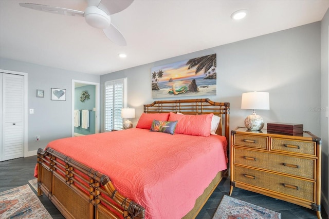 bedroom with baseboards, recessed lighting, and ceiling fan