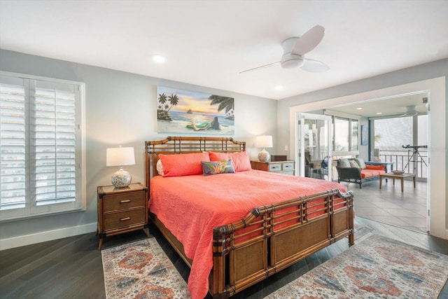 bedroom with recessed lighting, baseboards, and ceiling fan