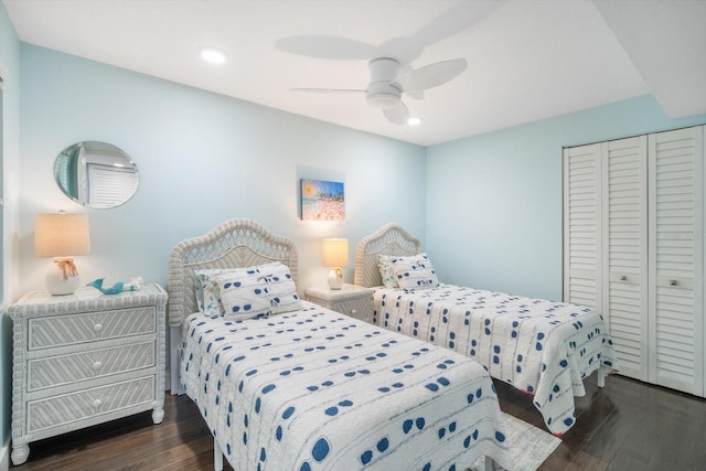 bedroom featuring recessed lighting, ceiling fan, a closet, and dark wood-style floors