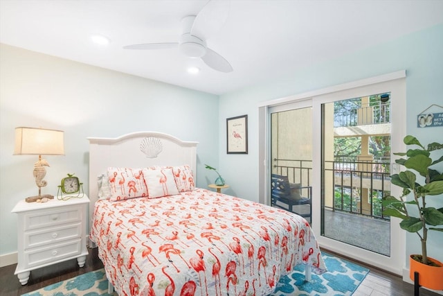bedroom featuring dark wood-style flooring, access to outside, ceiling fan, and recessed lighting