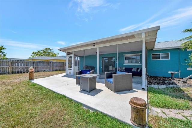 view of patio with fence and a sunroom