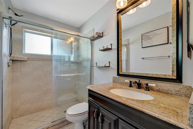 full bath with vanity, toilet, and a shower stall