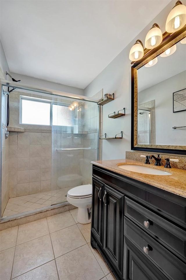 full bath with a shower stall, toilet, tile patterned flooring, and vanity