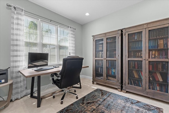 tiled office with recessed lighting and baseboards