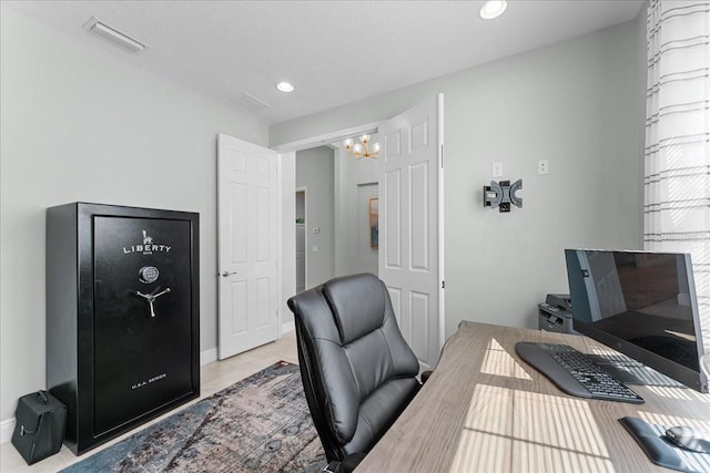 office area with recessed lighting, a notable chandelier, light tile patterned floors, and visible vents
