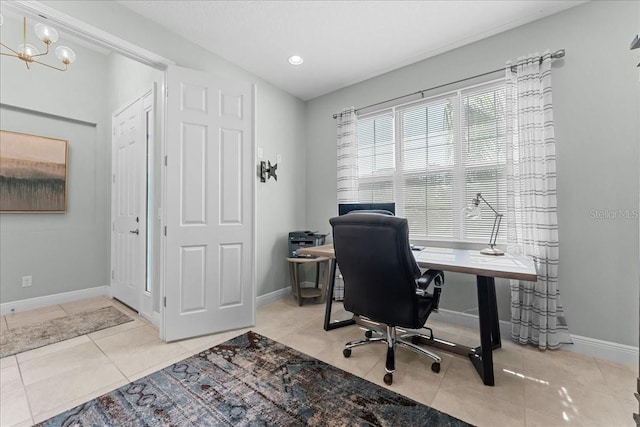 home office with recessed lighting, baseboards, and tile patterned floors
