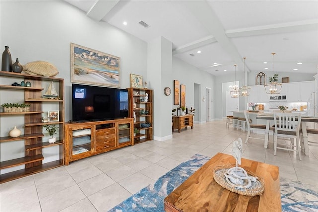 living room with visible vents, light tile patterned floors, a chandelier, vaulted ceiling with beams, and recessed lighting