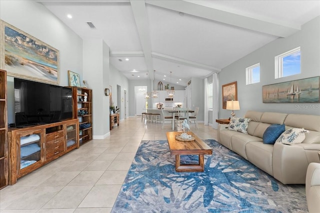 living area with recessed lighting, baseboards, vaulted ceiling with beams, light tile patterned floors, and visible vents