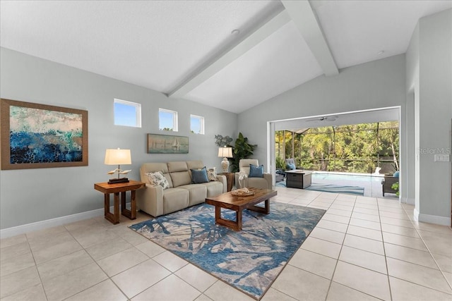 tiled living area featuring baseboards and lofted ceiling with beams