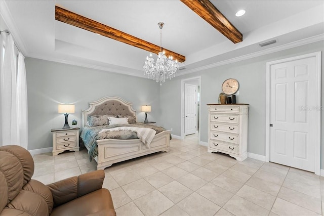 bedroom featuring beam ceiling, a chandelier, baseboards, light tile patterned floors, and visible vents