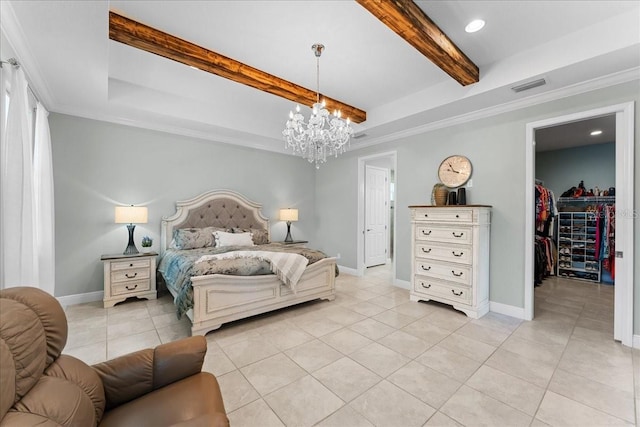 bedroom with a chandelier, light tile patterned floors, a spacious closet, beamed ceiling, and visible vents