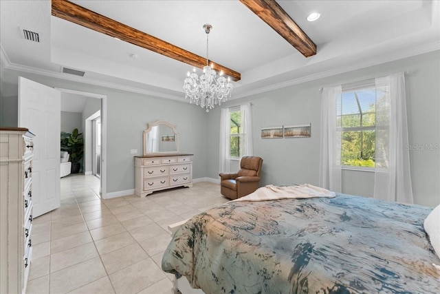 bedroom featuring light tile patterned flooring, a notable chandelier, visible vents, and beam ceiling