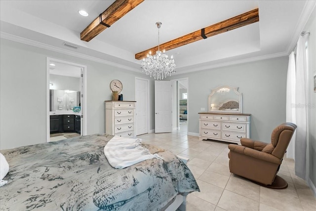 bedroom featuring visible vents, light tile patterned flooring, beamed ceiling, a chandelier, and ensuite bath