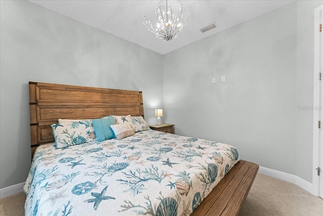 bedroom featuring a notable chandelier, visible vents, baseboards, and carpet