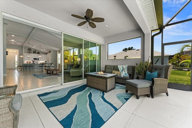 4515 Roycroft Ter, Parrish, FL 34219 - sunroom / solarium featuring an outdoor living space with a fire pit and ceiling fan