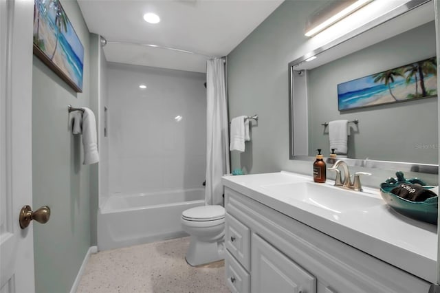 bathroom with shower / bath combo, speckled floor, vanity, toilet, and recessed lighting