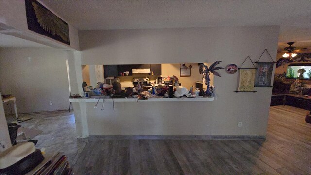 interior space with a ceiling fan and wood finished floors