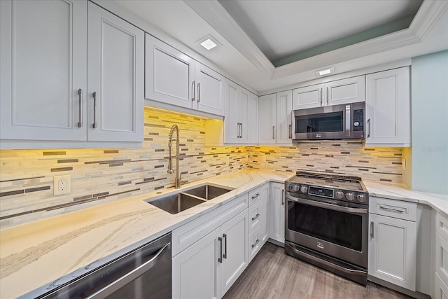 1212 Benjamin Franklin Dr Unit 306, Sarasota, FL 34236 - kitchen featuring appliances with stainless steel finishes, a sink, light stone counters, a tray ceiling, and wood finished floors
