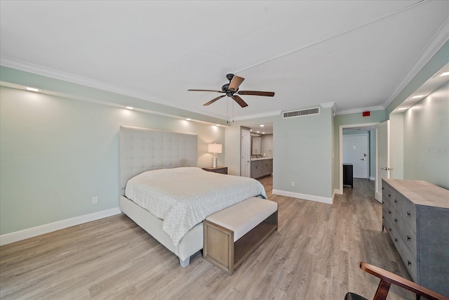 1212 Benjamin Franklin Dr Unit 306, Sarasota, FL 34236 - bedroom with light wood-style flooring, crown molding, baseboards, ensuite bath, and ceiling fan