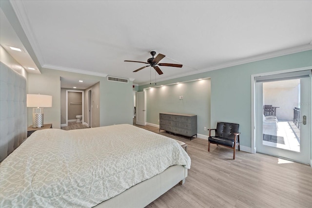 1212 Benjamin Franklin Dr Unit 306, Sarasota, FL 34236 - bedroom featuring ornamental molding, light wood finished floors, access to outside, baseboards, and recessed lighting