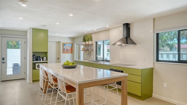 3605 Quail Hollow Ln, Bradenton, FL 34210 - kitchen featuring green cabinetry, wall chimney range hood, a healthy amount of sunlight, and open shelves