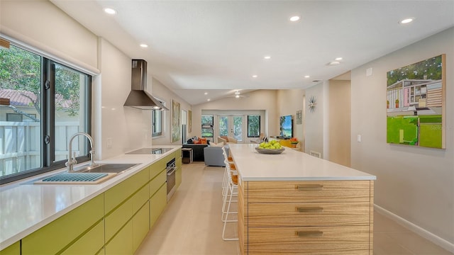 3605 Quail Hollow Ln, Bradenton, FL 34210 - kitchen featuring a sink, wall chimney range hood, oven, recessed lighting, and black electric cooktop